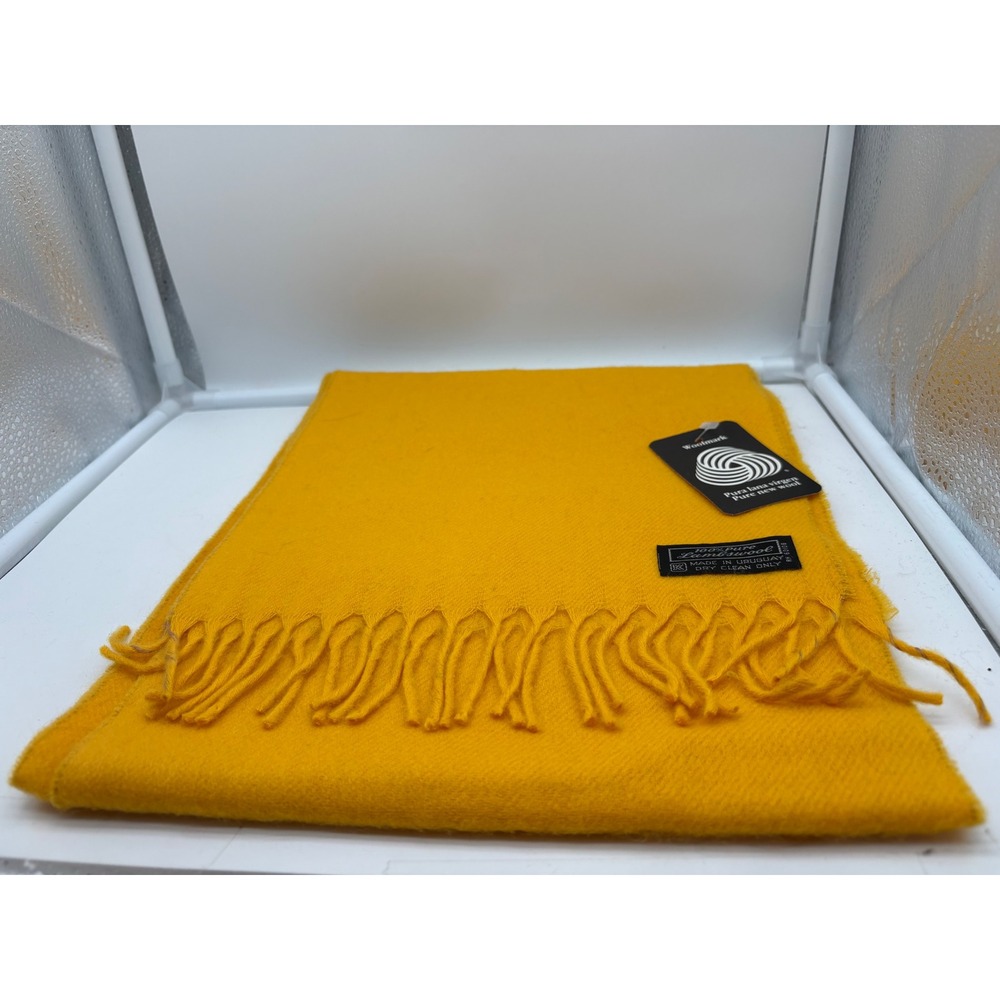 vtg golden yellow Lambswool Fringe Scarf Made in Uruguay Woolmark Dry Clean Only